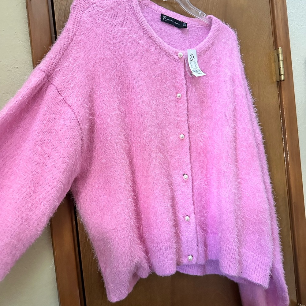 NWT! Peony Pink fuzzy eyelash fur pearl button cardigan xxl 16 18 20 Valentines